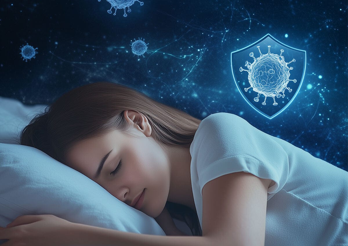 Femme endormie devant un bouclier protégeant d'un virus, symbole du système immunitaire