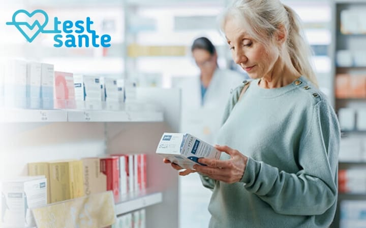 Femme lisant l'emballage d'un complément alimentaire en pharmacie