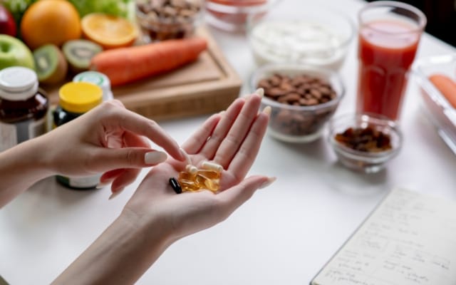 Mains tenant des gélules de complément alimentaire près de fruits, de noix et de légumes